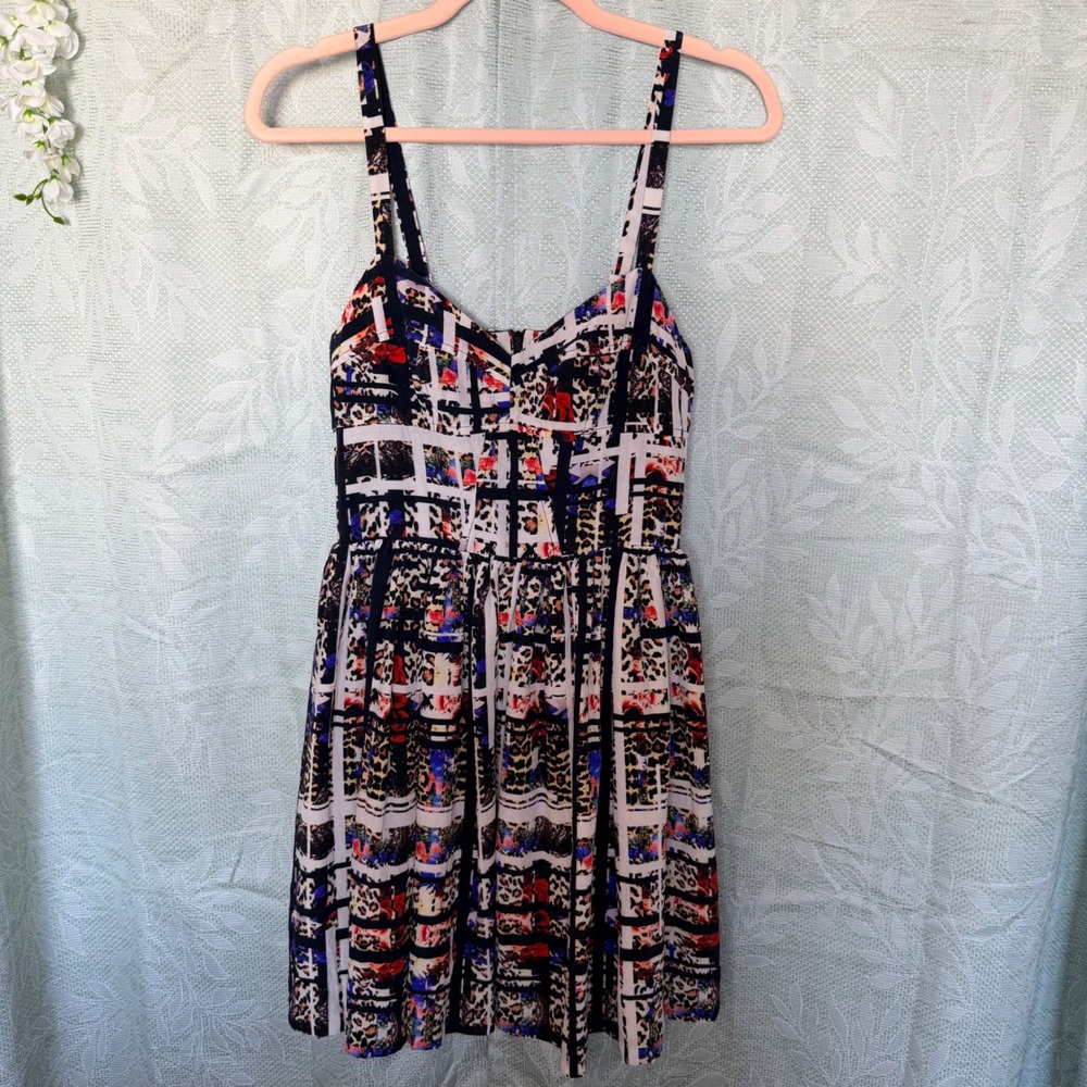 Amanda Uprichard 100% Silk Women S Leopard Floral Abstract‎ Fit Flare Mini Dress